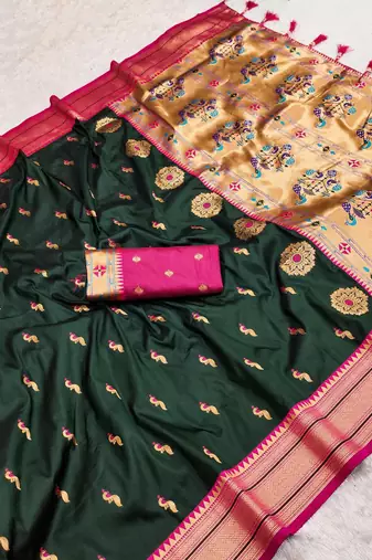 Green faux banarasi silk saree with paithani rich weaved pallu and blouse