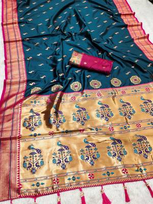 Teal blue faux banarasi silk saree with paithani rich weaved pallu and blouse 1