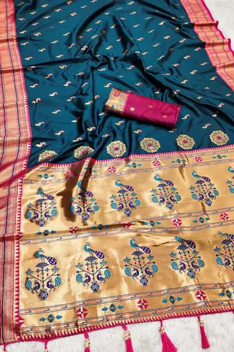 Teal blue  faux banarasi silk saree with paithani rich weaved pallu and blouse