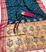 Teal blue  faux banarasi silk saree with paithani rich weaved pallu and blouse