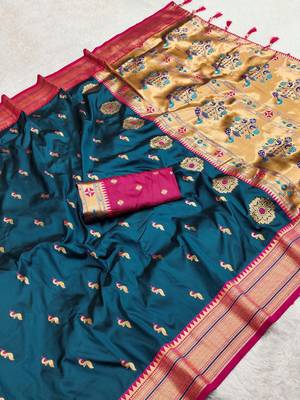 Teal blue faux banarasi silk saree with paithani rich weaved pallu and blouse 2