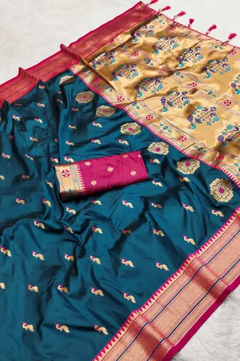 Teal blue faux banarasi silk saree with paithani rich weaved pallu and blouse