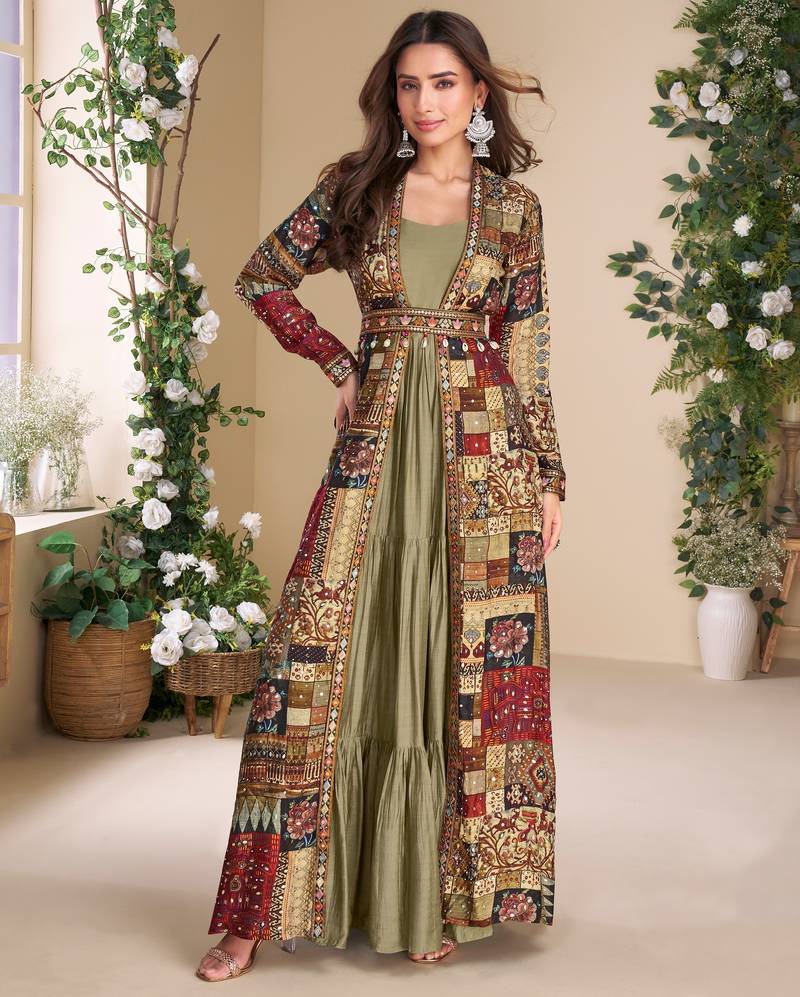 Designer pista georgette anarkali gown with multicolor long shrug free size stitched