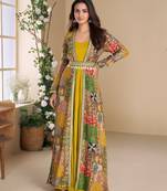 Designer yellow georgette anarkali gown with multicolor long shrug free size stitched