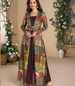 Designer brown georgette anarkali gown with multicolor long shrug free size stitched