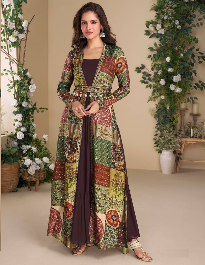 Designer brown georgette anarkali gown with multicolor long shrug free size stitched