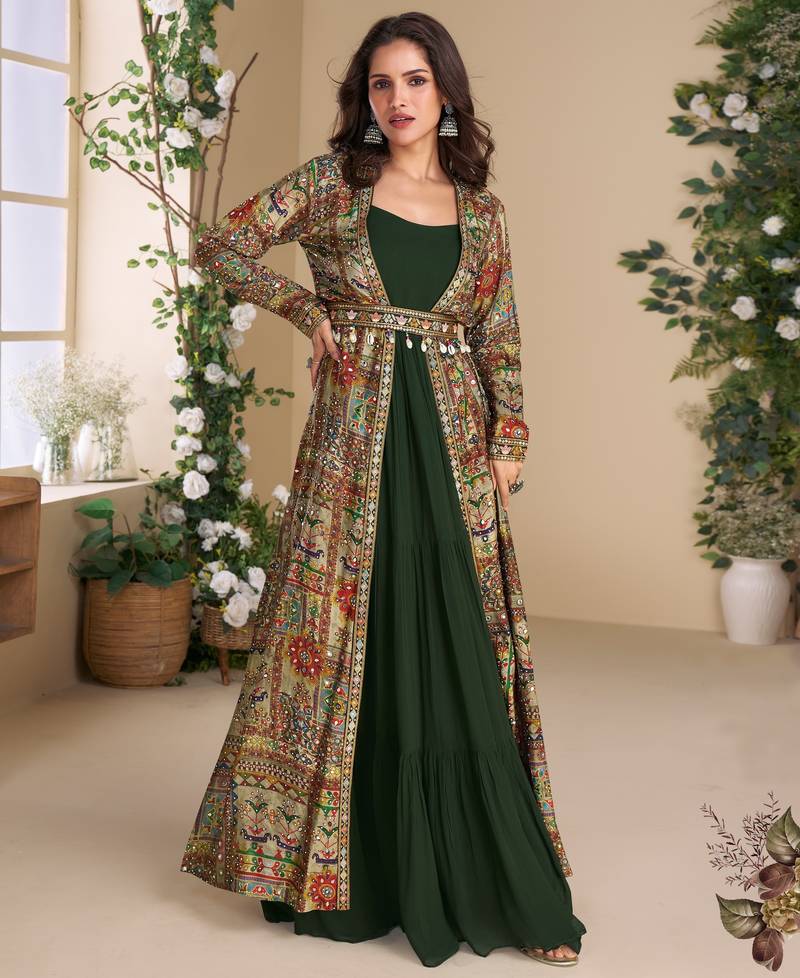 Designer green georgette anarkali gown with multicolor long shrug free size stitched