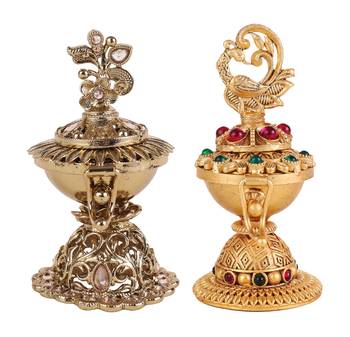 Traditional flower and peacock design gold plated brass set of 2 combo sindoor dani/dibbi for women 1