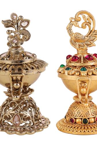 Traditional flower and peacock design gold plated brass set of 2 combo sindoor dani/dibbi for women