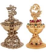 Traditional flower and peacock design gold plated brass set of 2 combo sindoor dani/dibbi for women