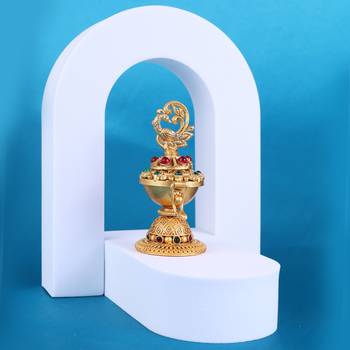 Traditional flower and peacock design gold plated brass set of 2 combo sindoor dani/dibbi for women 3