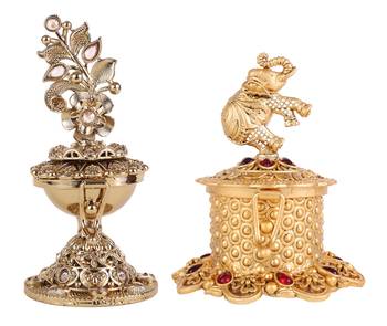 Traditional leaf flower and elephant design antique gold plated brass set of 2 combo sindoor dani/dibbi for women 1