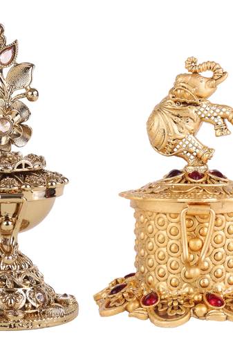 Traditional leaf flower and elephant design antique gold plated brass set of 2 combo sindoor dani/dibbi for women