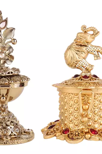 Traditional leaf flower and elephant design antique gold plated brass set of 2 combo sindoor dani/dibbi for women