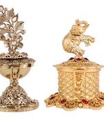Traditional leaf flower and elephant design antique gold plated brass set of 2 combo sindoor dani/dibbi for women