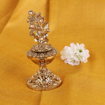 Traditional leaf flower and elephant design antique gold plated brass set of 2 combo sindoor dani/dibbi for women 3