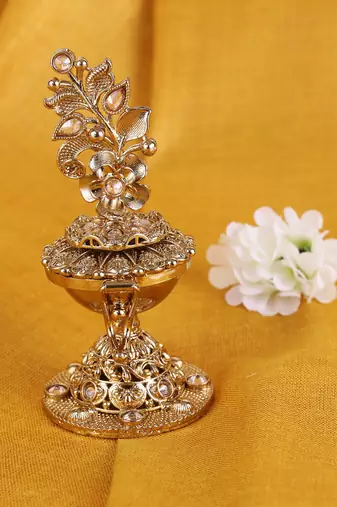 Traditional leaf flower and elephant design antique gold plated brass set of 2 combo sindoor dani/dibbi for women