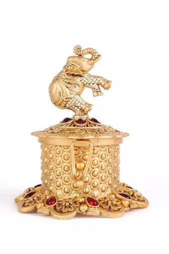 Traditional leaf flower and elephant design antique gold plated brass set of 2 combo sindoor dani/dibbi for women