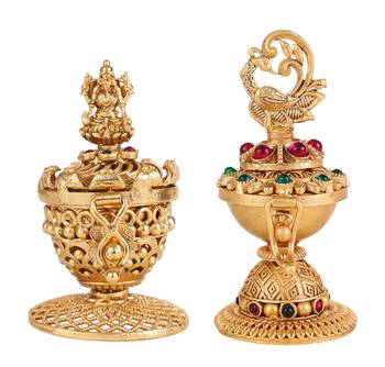 Traditional laxmi and peacock design gold plated brass set of 2 combo sindoor dani/dibbi for women 1