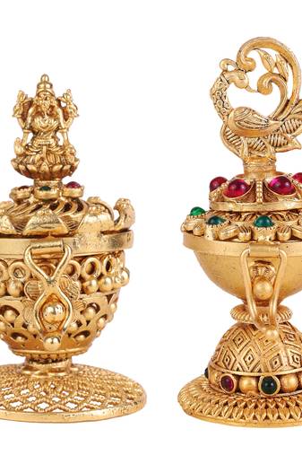 Traditional laxmi and peacock design gold plated brass set of 2 combo sindoor dani/dibbi for women