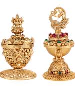 Traditional laxmi and peacock design gold plated brass set of 2 combo sindoor dani/dibbi for women