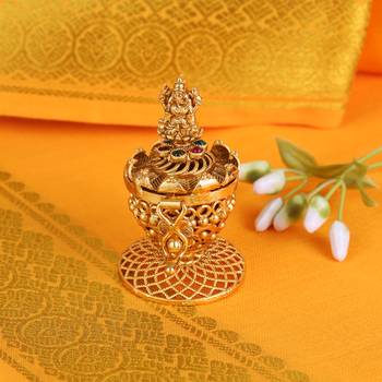 Traditional laxmi and peacock design gold plated brass set of 2 combo sindoor dani/dibbi for women 3
