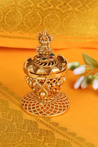 Traditional laxmi and peacock design gold plated brass set of 2 combo sindoor dani/dibbi for women