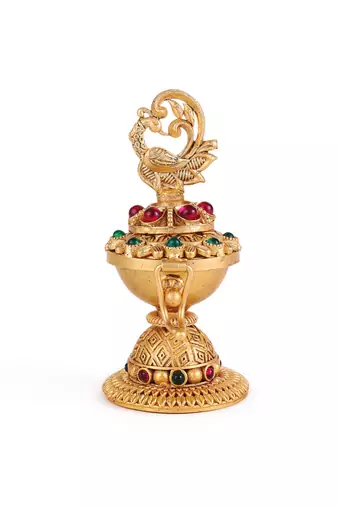 Traditional laxmi and peacock design gold plated brass set of 2 combo sindoor dani/dibbi for women