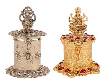 Traditional laxmi design antique gold plated brass set of 2 combo sindoor dani/dibbi for women 1