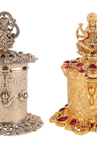 Traditional laxmi design antique gold plated brass set of 2 combo sindoor dani/dibbi for women