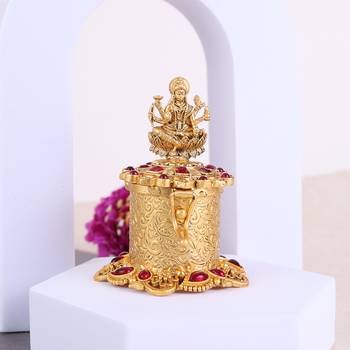 Traditional laxmi design antique gold plated brass set of 2 combo sindoor dani/dibbi for women 2