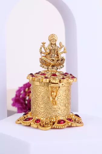 Traditional laxmi design antique gold plated brass set of 2 combo sindoor dani/dibbi for women