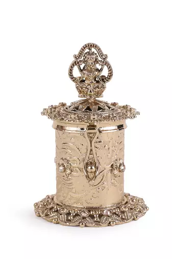 Traditional laxmi design antique gold plated brass set of 2 combo sindoor dani/dibbi for women