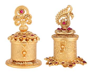 Traditional peacock flower and kalasha(waterpot) design gold plated brass set of 2 combo sindoor dani/dibbi for women 1