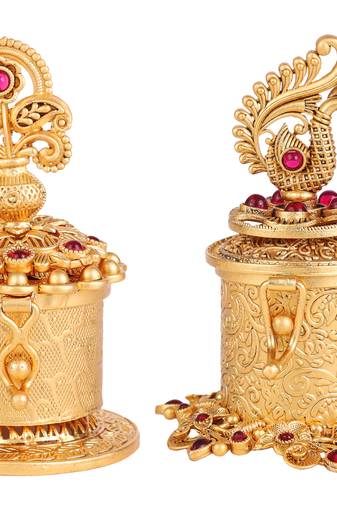 Traditional peacock flower and kalasha(waterpot) design gold plated brass set of 2 combo sindoor dani/dibbi for women