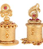 Traditional peacock flower and kalasha(waterpot) design gold plated brass set of 2 combo sindoor dani/dibbi for women