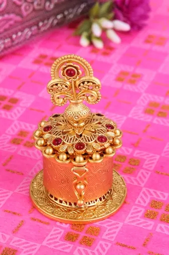Traditional peacock flower and kalasha(waterpot) design gold plated brass set of 2 combo sindoor dani/dibbi for women