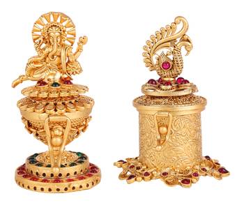 Traditional lord ganesha and peacock design gold plated brass set of 2 combo sindoor dani/dibbi for women 1