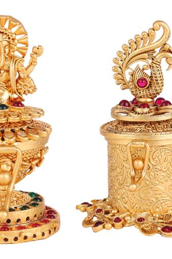 Traditional lord ganesha and peacock design gold plated brass set of 2 combo sindoor dani/dibbi for women