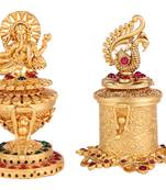 Traditional lord ganesha and peacock design gold plated brass set of 2 combo sindoor dani/dibbi for women