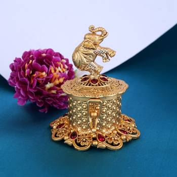 Traditional lord ganesha and peacock design gold plated brass set of 2 combo sindoor dani/dibbi for women 3