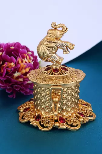 Traditional lord ganesha and peacock design gold plated brass set of 2 combo sindoor dani/dibbi for women