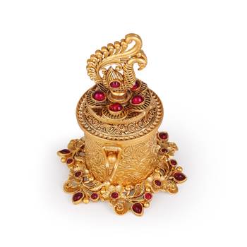 Traditional lord ganesha and peacock design gold plated brass set of 2 combo sindoor dani/dibbi for women 4