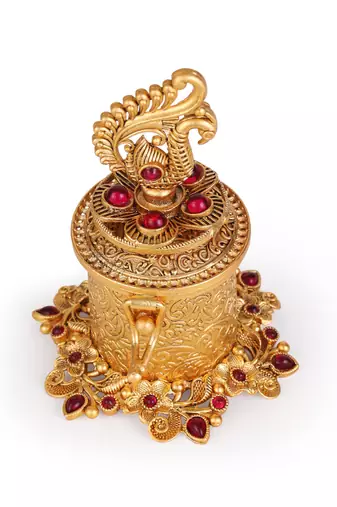Traditional lord ganesha and peacock design gold plated brass set of 2 combo sindoor dani/dibbi for women