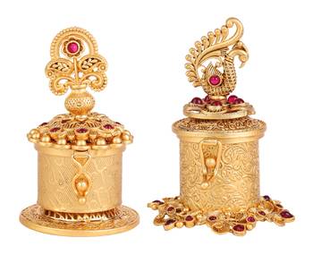 Traditional leaf and peacock and paisley gold plated brass set of 2 combo sindoor dani/dibbi for women 1