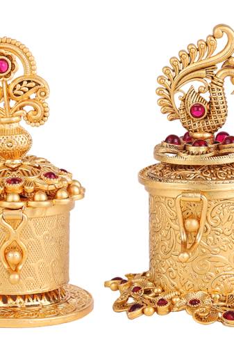 Traditional leaf and peacock and paisley gold plated brass set of 2 combo sindoor dani/dibbi for women