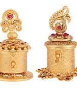 Traditional leaf and peacock and paisley gold plated brass set of 2 combo sindoor dani/dibbi for women