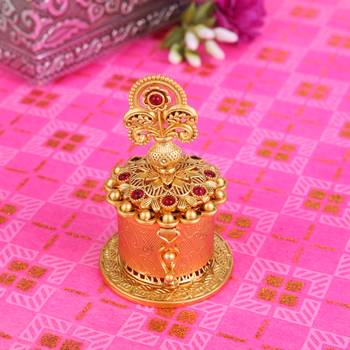 Traditional leaf and peacock and paisley gold plated brass set of 2 combo sindoor dani/dibbi for women 2