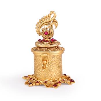 Traditional leaf and peacock and paisley gold plated brass set of 2 combo sindoor dani/dibbi for women 5