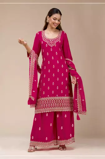 Rani pink color embroideried faux georgette semi stitched salwar suit